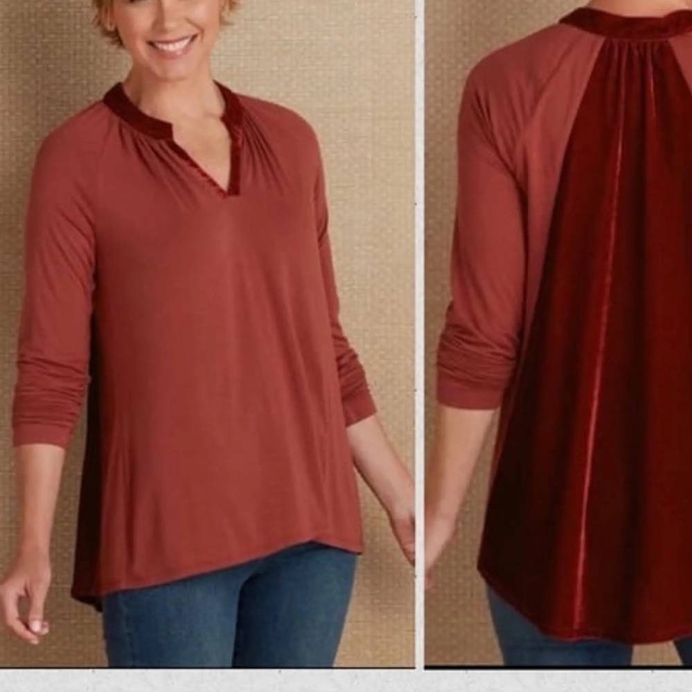 Soft Surroundings Velvet Trim Tunic Top Burgundy Long Sleeve Womens M